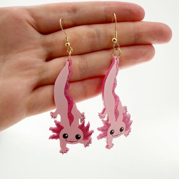 Adorable Kawaii Axolotl Dangle Earrings, Cute Earrings, Pink Salamander - Picture 3 of 4